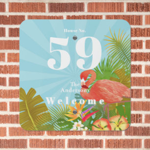 Flamingo House Number Blue Welcome Metal Sign