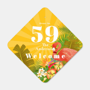 Flamingo House Number Yellow Orange Welcome Metal Sign