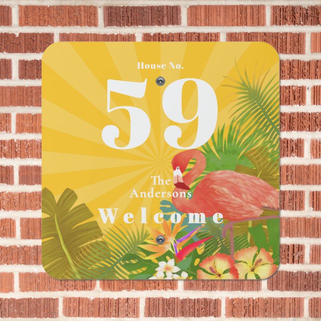Flamingo House Number Yellow Orange Welcome Metal Sign (In Situ(Brick))