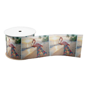 Flamingo In a Skirt Holding a Champagne Flute Satin Ribbon