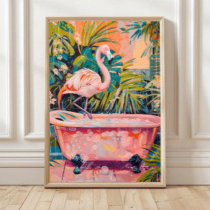 Flamingo in Bathtub Print, Bathroom Wall Art, Pink Poster
