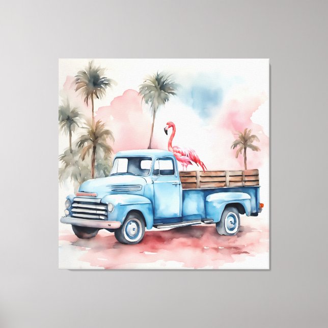 Flamingo In Blue Retro Truck Canvas Print (Front)
