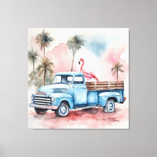 Flamingo In Blue Retro Truck Canvas Print