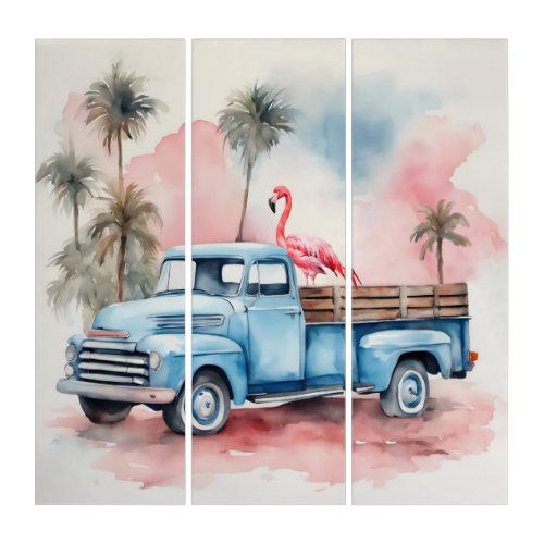 Flamingo In Blue Retro Truck Triptych