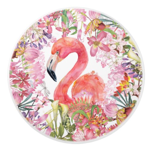 Flamingo in Flower Jungle _ Summer Pattern Ceramic Knob