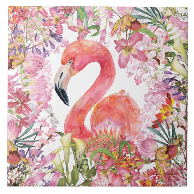 Flamingo in Flower Jungle - Summer Pattern Ceramic Tile (Front)
