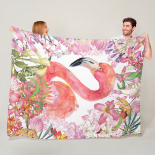 Flamingo in Flower Jungle - Summer Pattern Fleece Blanket