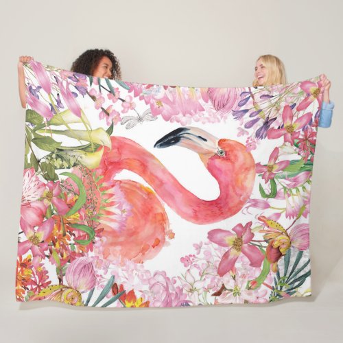 Flamingo in Flower Jungle _ Summer Pattern Fleece Blanket