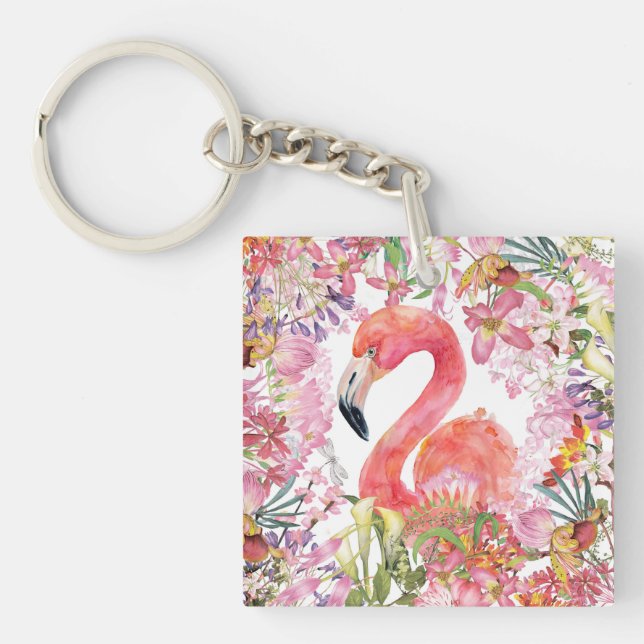 Flamingo in Flower Jungle - Summer Pattern Keychain (Front)