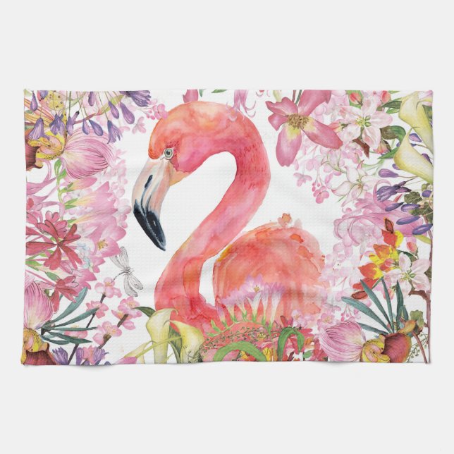 Flamingo in Flower Jungle - Summer Pattern Kitchen Towel (Horizontal)
