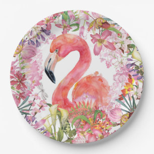 Flamingo in Flower Jungle - Summer Pattern Paper Plates
