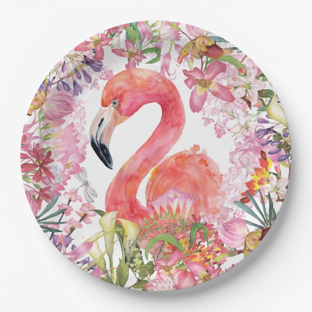 Flamingo in Flower Jungle - Summer Pattern Paper Plates (Front)