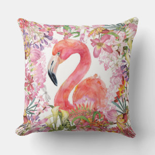 Flamingo in Flower Jungle - Summer Pattern Throw Pillow
