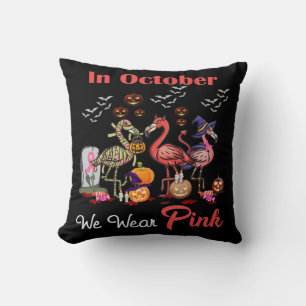 Flamingo In October We Wear Pink Breast Cancer Hal Throw Pillow
