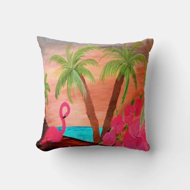 Flamingo in paradise tropical throw pillow (Front)