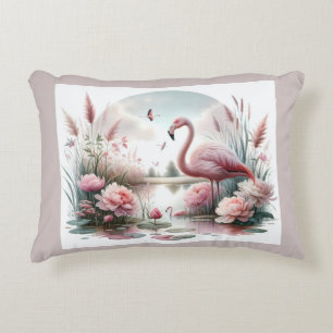 Flamingo in Pastel Pond Floral Scene Accent Pillow