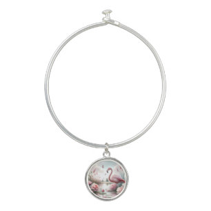 Flamingo in Pastel Pond Floral Scene Bangle Bracelet