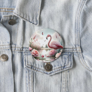 Flamingo in Pastel Pond Floral Scene Button