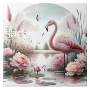 Flamingo in Pastel Pond Floral Scene Ceramic Tile