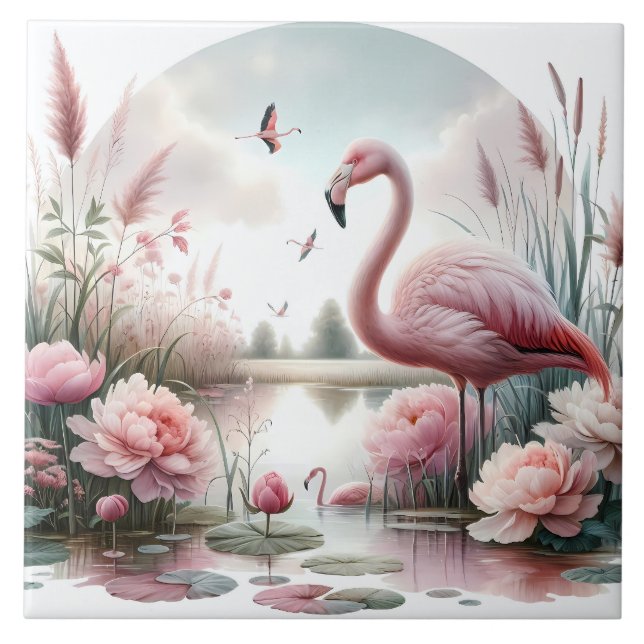 Flamingo in Pastel Pond Floral Scene Ceramic Tile (Front)
