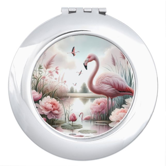Flamingo in Pastel Pond Floral Scene Compact Mirror (Front)