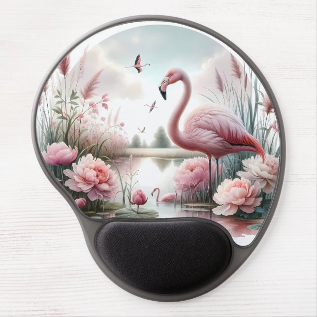 Flamingo in Pastel Pond Floral Scene Gel Mouse Pad (Front)