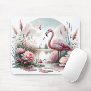 Flamingo in Pastel Pond Floral Scene Mouse Pad