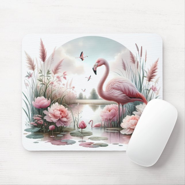 Flamingo in Pastel Pond Floral Scene Mouse Pad (With Mouse)