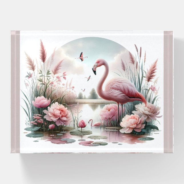 Flamingo in Pastel Pond Floral Scene Paperweight (Front)