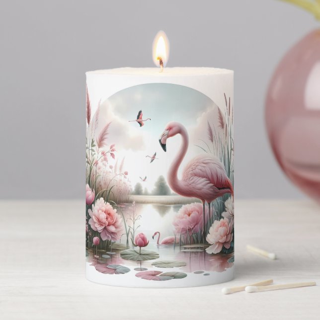 Flamingo in Pastel Pond Floral Scene Pillar Candle (In Situ)