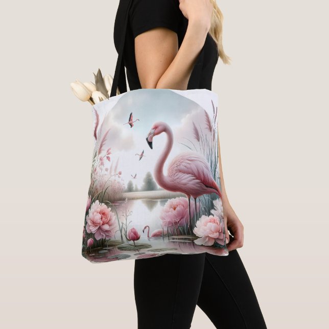 Flamingo in Pastel Pond Floral Scene Tote Bag (Close Up)