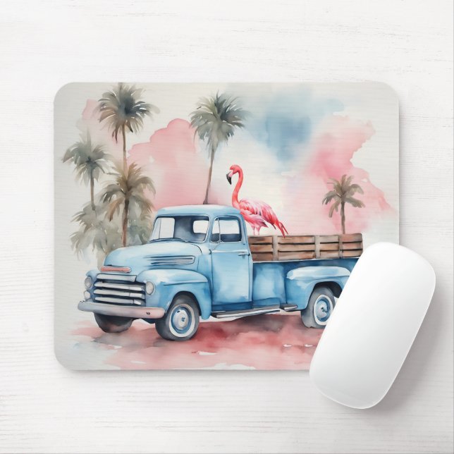 Flamingo In Retro Blue Truck Mouse Pad (With Mouse)