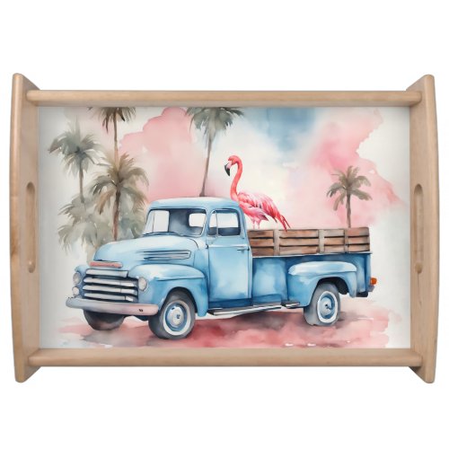 Flamingo In Retro Blue Truck Serving Tray