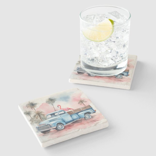 Flamingo In Retro Blue Truck Stone Coaster (Side)