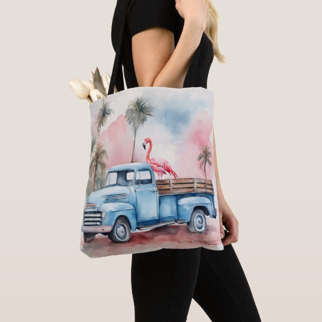Flamingo In Retro Blue Truck Tote Bag (Close Up)