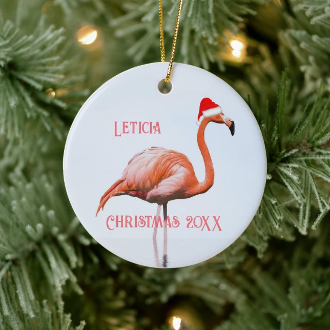 Flamingo in Santa Hat Christmas Ceramic Ornament (Tree)