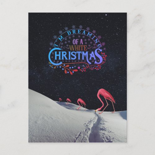 Flamingo in snow with space Christmas weird Postcard