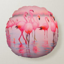 Flamingo in the lake Round Pillow