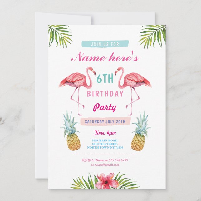 Flamingo Invite Pineapple Tropical Aloha Birthday (Front)