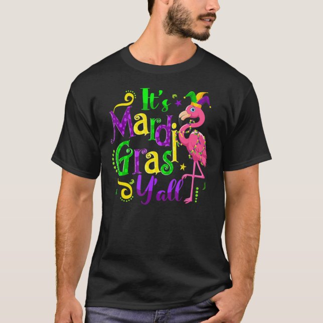 Flamingo It's Mardi Gras Y'all Jester Hat Mask Bea T-Shirt (Front)