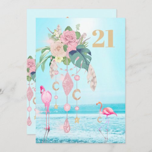 Flamingo Jewel Beach Floral 21st Birthday  Invitation