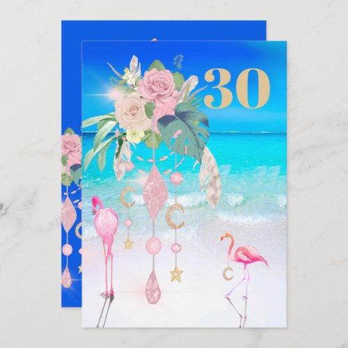 Flamingo Jewel Beach Floral 30th Birthday  Invitation