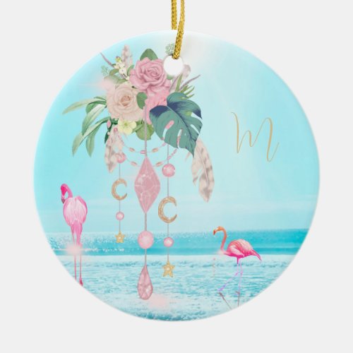 Flamingo Jewel Beach Floral Pretty Ceramic Ornament