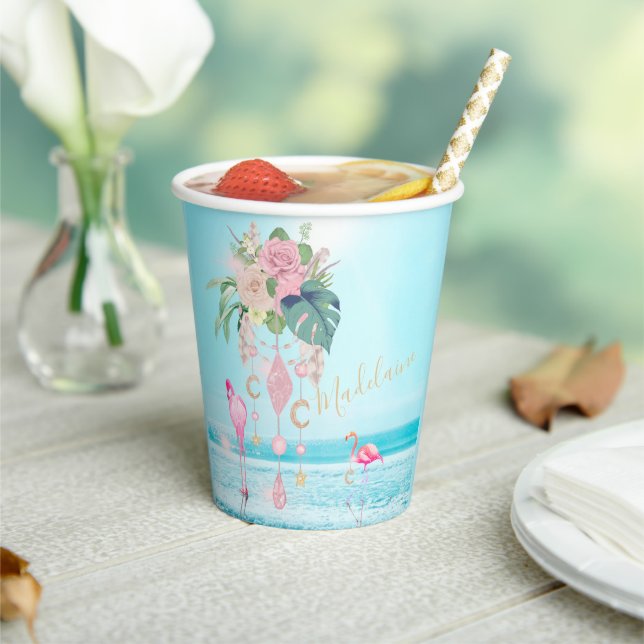 Flamingo Jewel Beach Floral Pretty Pink Paper Cups (Insitu)