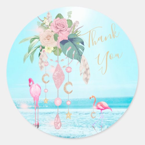 Flamingo Jewel Beach Floral Thank You Classic Round Sticker