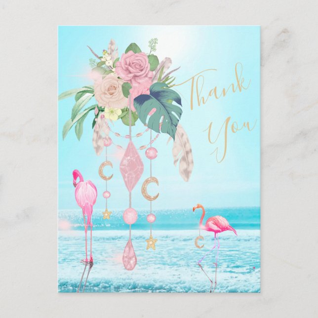 Flamingo Jewel Beach Floral Thank You Postcard (Front)