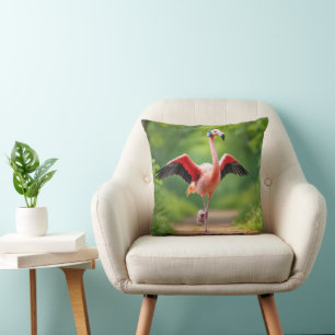 Flamingo Jogging with Pink Sneakers and Headphones Throw Pillow