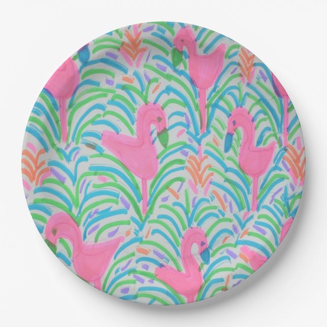 Flamingo Jungle Party Paper Plates (Front)