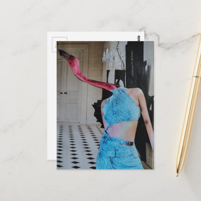 Flamingo Lady in a room surreal collage Postcard (Front/Back In Situ)