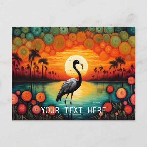 Flamingo Lake Sunset Palm Tree Colorful Floral Postcard
